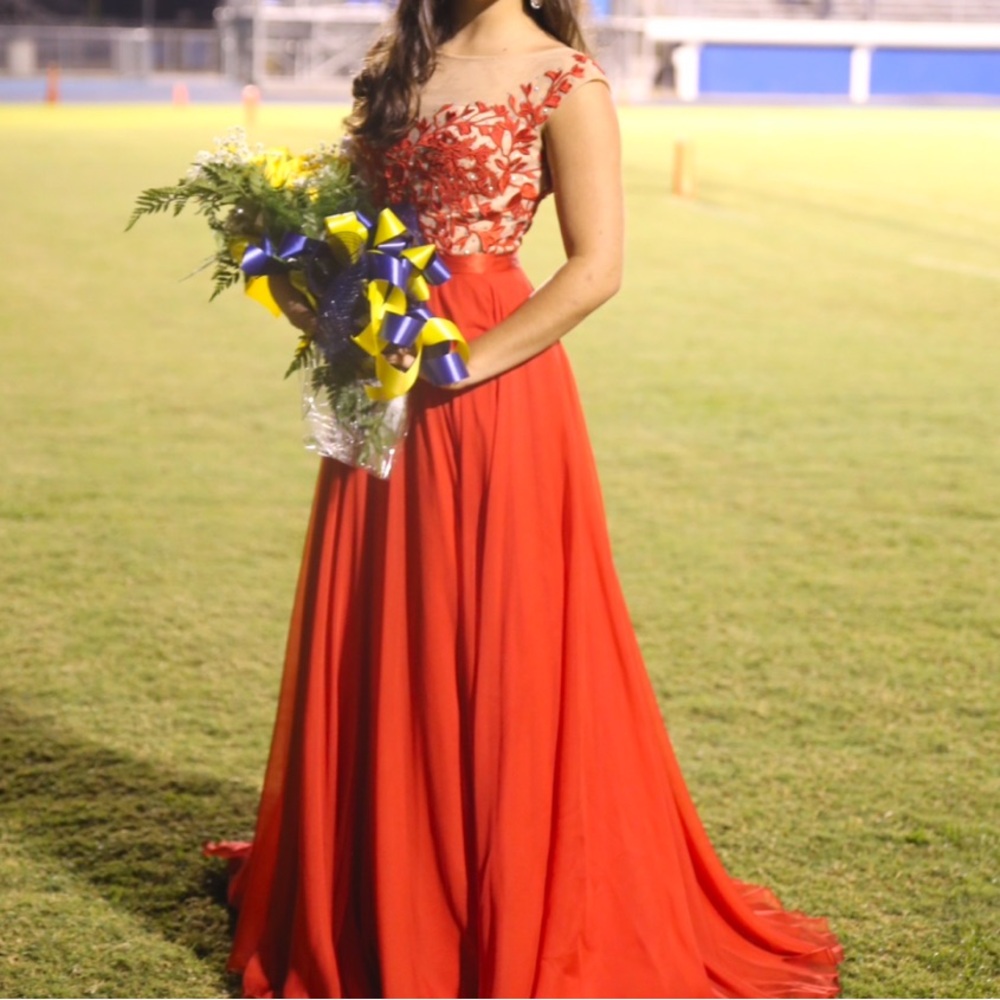 Elegant Red Evening Gown with Floral Details